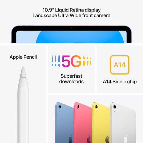 Apple iPad (10th Generation): with A14 Bionic chip, 64GB, Wi-Fi + 5G Cellular, Touch ID, All-Day Battery Life – Silver, MQ6J3LL/A - Image 2